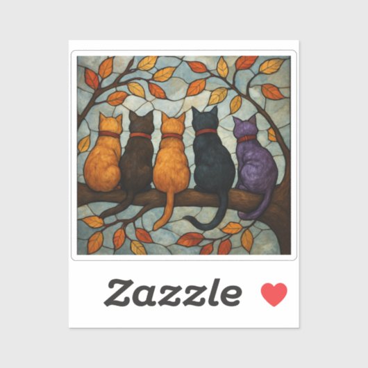 Sticker Five Cats on a Tree Branch Stained Glass Style (Feuille)