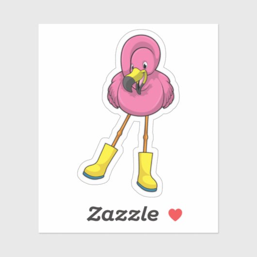 Sticker Flamant rose à la pluie avec bottes en caoutchouc (Feuille)
