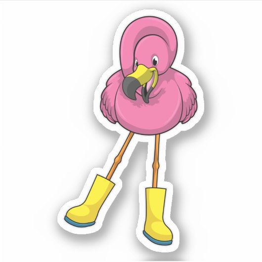 Sticker Flamant rose à la pluie avec bottes en caoutchouc (Devant)