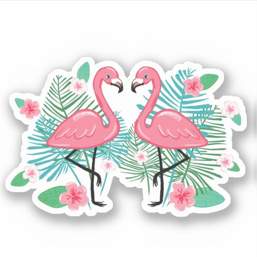 Sticker Flamants roses et fleurs roses (Devant)
