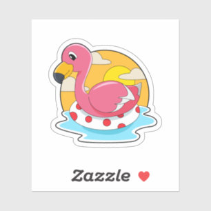 Sticker Flamingo at Swimming with Lifebuoy