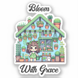 Sticker Fleur avec grâce   Kawaii Girl avec Plante