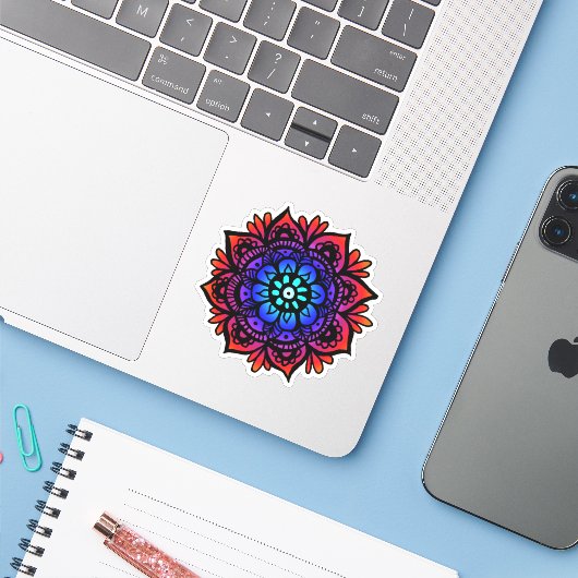 Sticker Fleur Mandala colorée (Ordinateur portable avec iPhone)