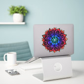 Sticker Fleur Mandala colorée rouge bleu noir (Ordinateur portable sur le bureau)
