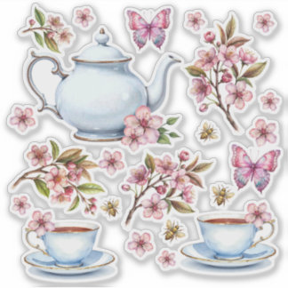 Sticker Fleur rose cerise champ de fleurs avec thé