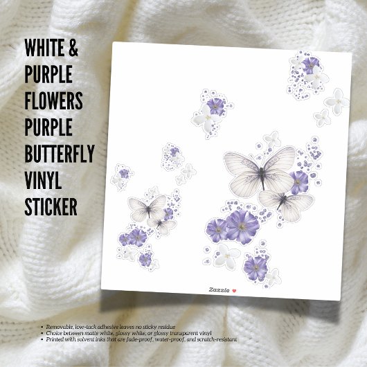 Sticker Fleurs blanches et violettes Vinyl Papillon violet