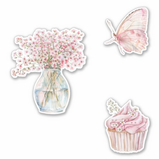Sticker Fleurs blanches roses blush papillon  (Devant)