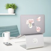 Sticker Fleurs blanches roses blush papillon  (Ordinateur portable sur le bureau)