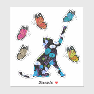Sticker Fleurs bleues de chat noir et papillons colorés