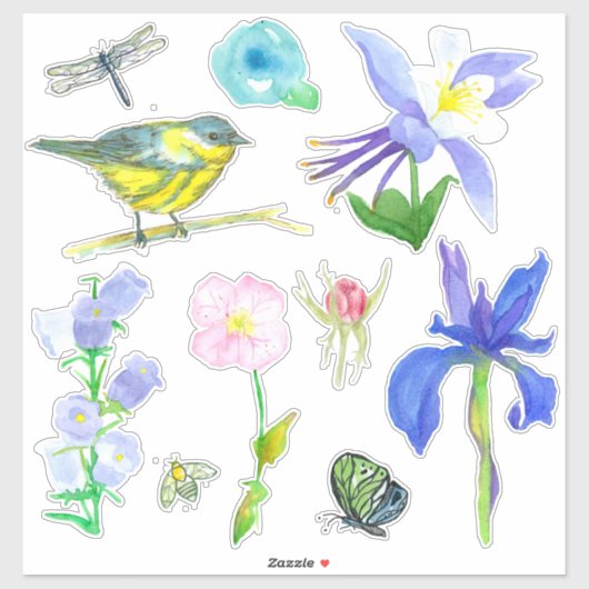 Sticker Fleurs bleues Miel Bee Dragonfly Fleurs sauvages V (Feuille)