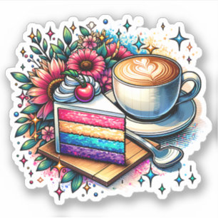 Sticker Fleurs, café et gâteau arc-en-ciel