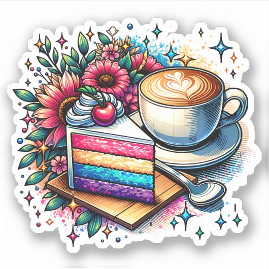 Sticker Fleurs, café et gâteau arc-en-ciel (Devant)