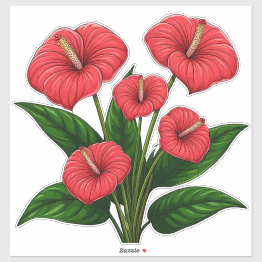 Sticker Fleurs d'anthurium rouges avec des feuilles vertes (Feuille)