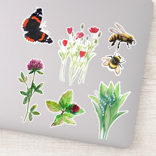 Sticker Fleurs de la nature, abeilles, papillon (Détail)