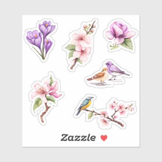 Sticker Fleurs de printemps et oiseaux (Feuille)
