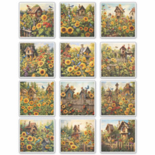 Sticker Fleurs de soleil et maisons d'oiseaux Jardin