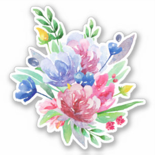 Sticker Fleurs d'été aquarelles. Floral rose et bleu