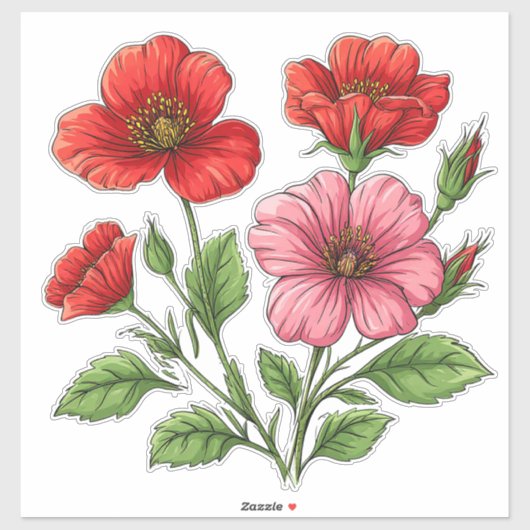 Sticker Fleurs d'Hibiscus Rouge Clair et Rose (Feuille)