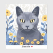 Sticker Fleurs Jaunes Chat Bleu Russe (Feuille)