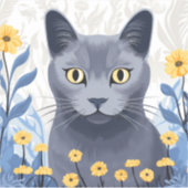 Sticker Fleurs Jaunes Chat Bleu Russe (Devant)