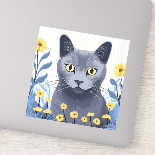 Sticker Fleurs Jaunes Chat Bleu Russe (Détail)