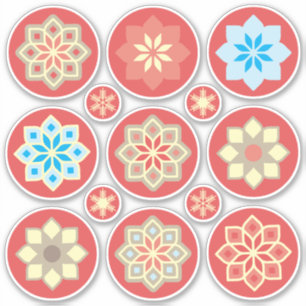 Sticker Fleurs ornementales et flocons de neige sur rouge