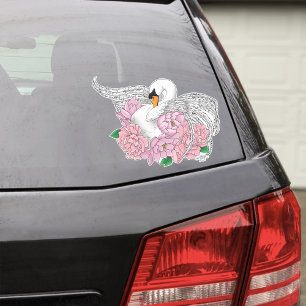 Sticker Fleurs roses cygnes blanches