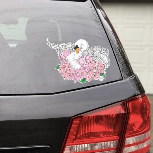 Sticker Fleurs roses cygnes blanches