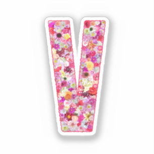 Sticker Fleurs roses monogramme botanique lettre V pour el