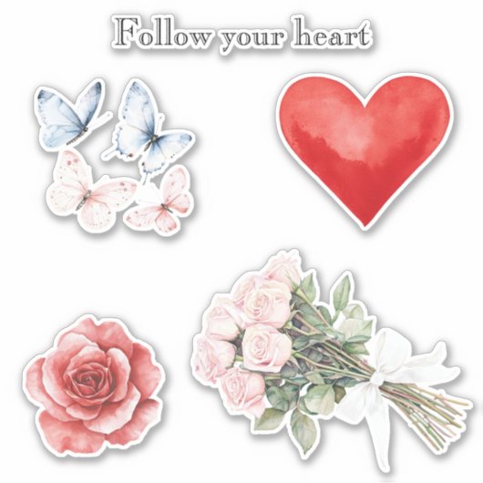 Sticker Fleurs roses Papillons de coeur Rose (Devant)