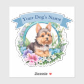 Sticker Fleurs, ruban bleu mignon Yorkshire personnalisé (Feuille)