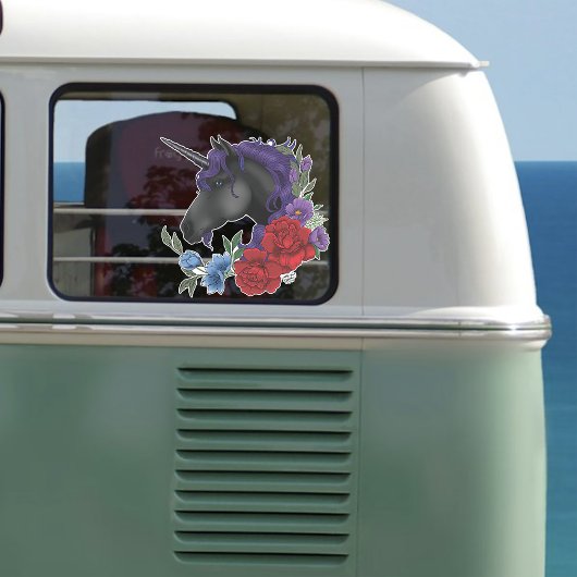 Sticker Fleurs Unicorne Noire violet