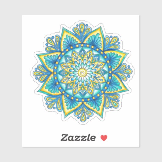 Sticker Floral Mandala bleu turquoise jaune (Feuille)