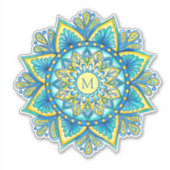Sticker Floral Mandala Monogramme bleu turquoise jaune (Devant)