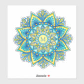Sticker Floral Mandala Monogramme bleu turquoise jaune (Feuille)