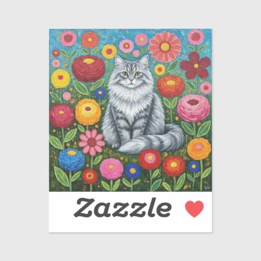 Sticker Fluffy Gray Striped Cat with Folk Art Flowers (Feuille)