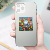 Sticker Fluffy Gray Striped Cat with Folk Art Flowers (Téléphone)