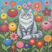 Sticker Fluffy Gray Striped Cat with Folk Art Flowers (Recto)