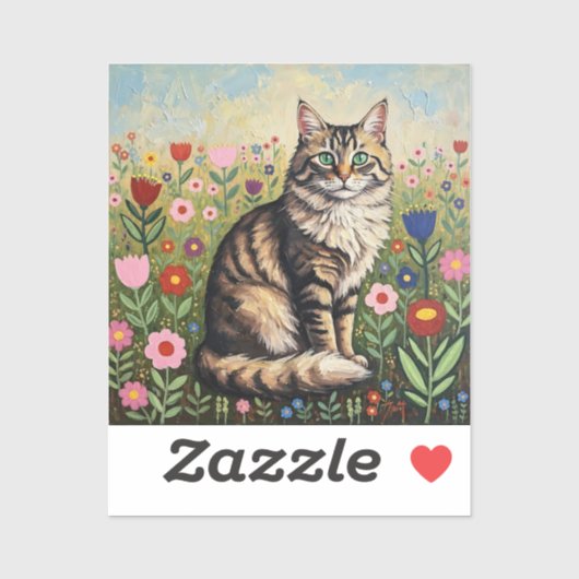 Sticker Fluffy Gray Tabby Cat and Folk Art Flowers (Feuille)