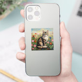 Sticker Fluffy Gray Tabby Cat and Folk Art Flowers (Téléphone)