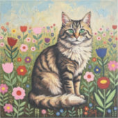 Sticker Fluffy Gray Tabby Cat and Folk Art Flowers (Recto)
