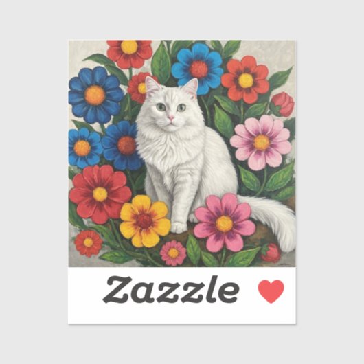 Sticker Fluffy White Cat and Folk Art Flowers (Feuille)