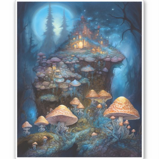 Sticker Forêt enchantée Champignons Château Imaginaire Art (Devant)