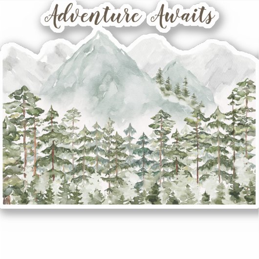 Sticker Forêt Montagnes Aquarelle Aventure Await (Devant)