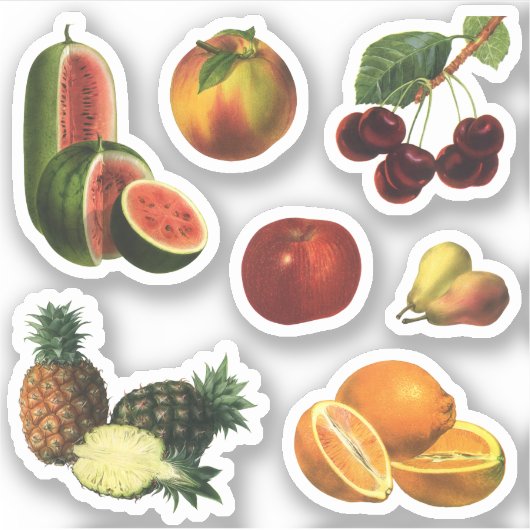 Sticker Fruits vintages, pastèque, ananas, cerises (Devant)