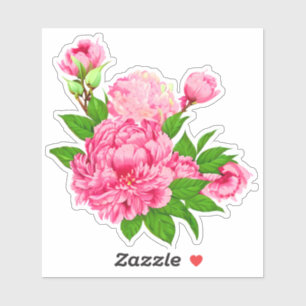 Sticker Fuchsia Pink Peonies et Feuilles verts