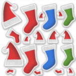 Sticker Fun Christmas Stockings & Christmas Santa Hats<br><div class="desc">Ce design à thème de Noël présente une variété de bas de Noël et des casquettes de Père Noël de Noël de différentes tailles.</div>