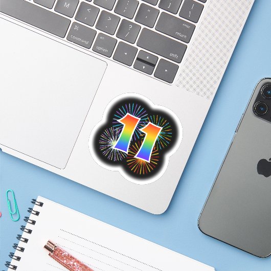 Sticker Fun Fireworks + Rainbow Motif "11" Event # (Ordinateur portable avec iPhone)