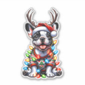 Sticker Funky French Bulldog Christmas Light Santa Hat Rei (Devant)