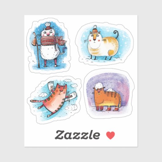 Sticker Funky Tabby Cats en hiver neige (Feuille)